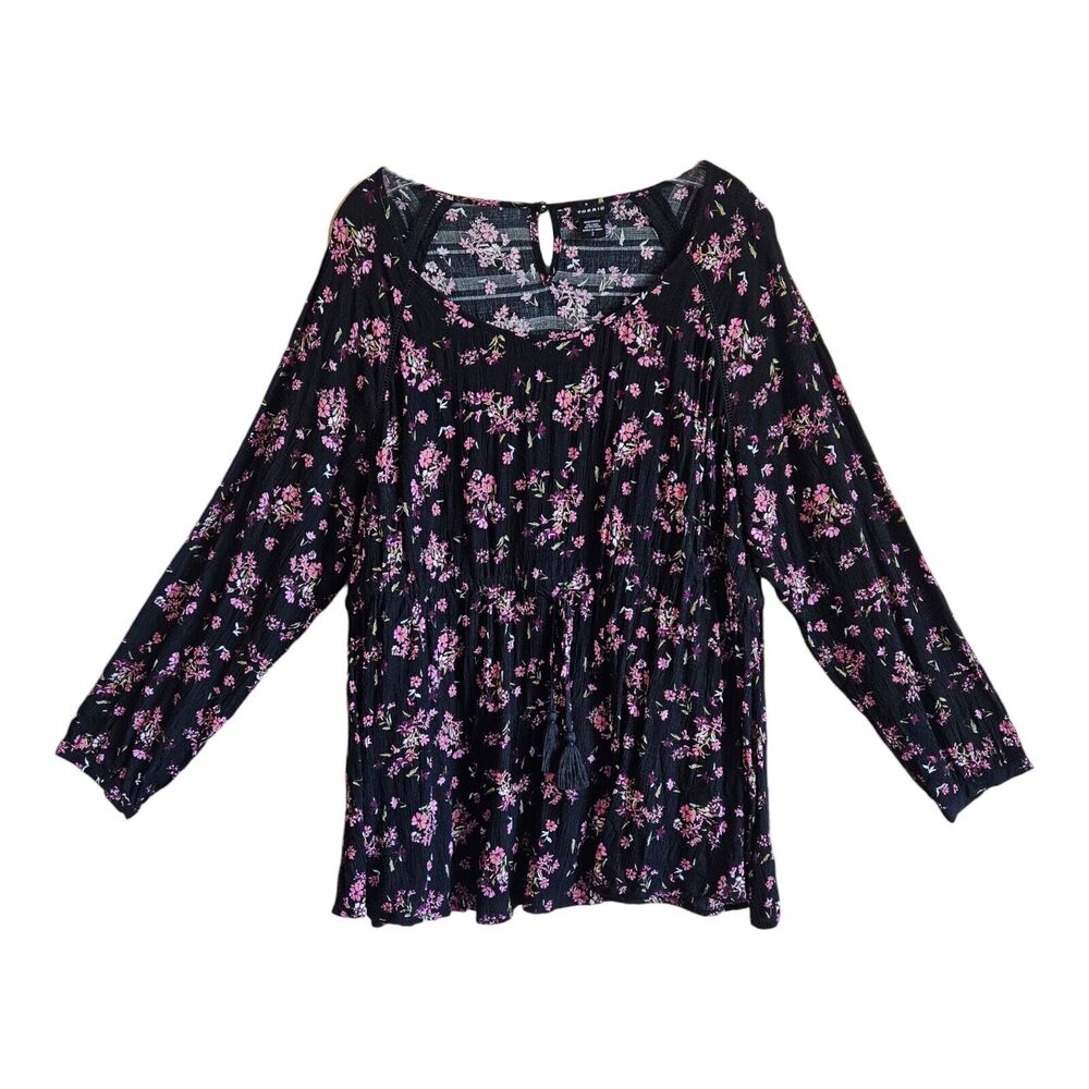 TORRID 2 Women 18 20 Tunic Top Floral Black Pink Drawstring Waist Tassel Tie 44"